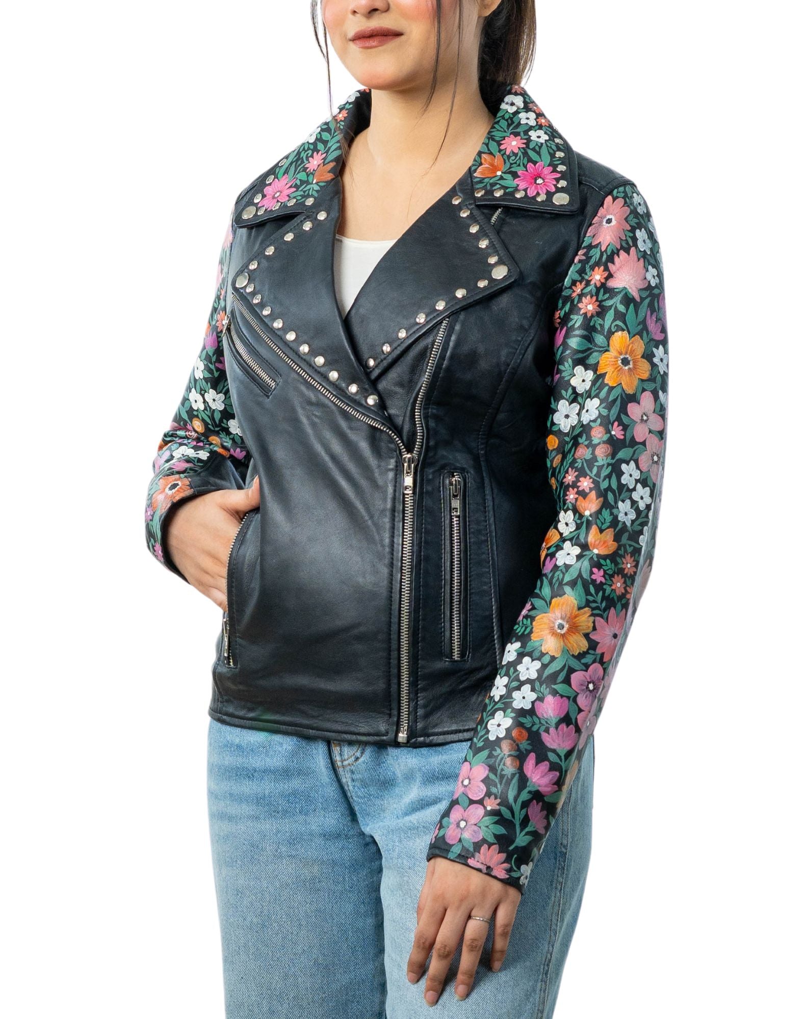 Black Leather Custom Painted Leather Jacket Women Blossom Hand