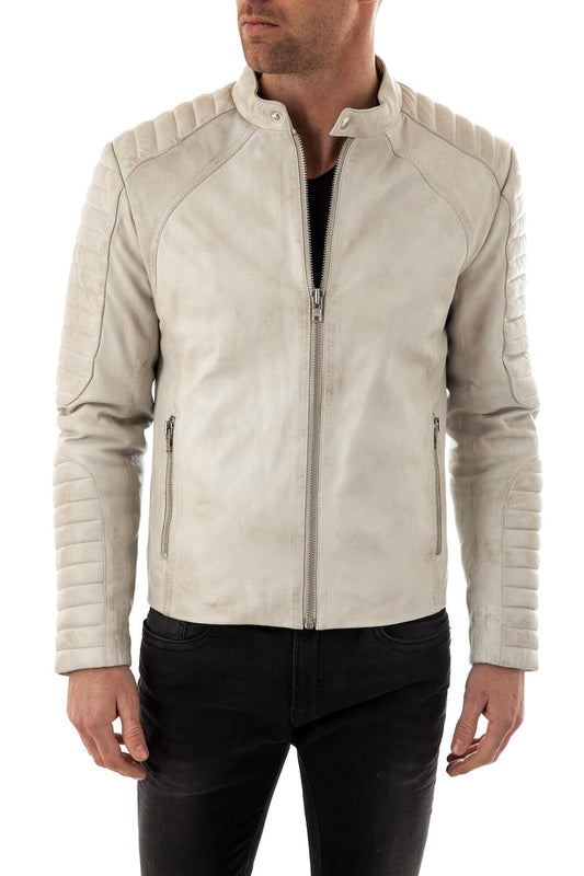 Fiamma Vintage White Leather Biker Jacket