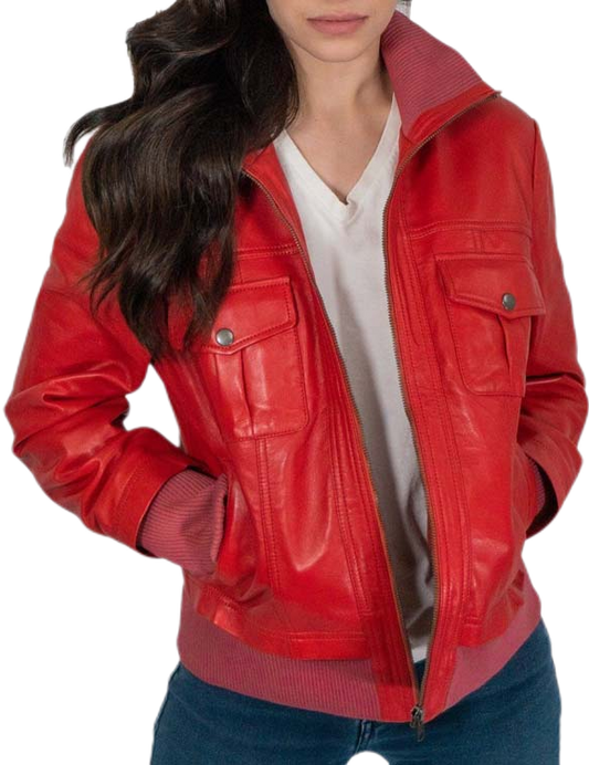 Flavia Red Leather Bomber Jacket