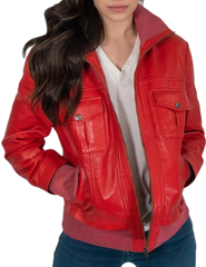 Flavia Red Leather Bomber Jacket