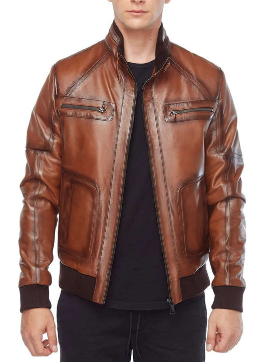 Legacy Brown Waxed Leather Bomber Jacket