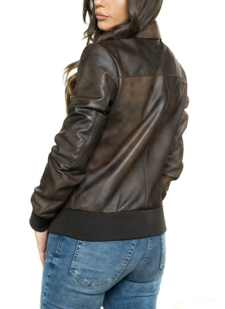Willow Brown Leather Bomber Jacket
