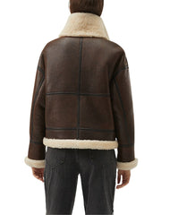 Sophia B-3 Faux Shearling Brown Bomber Leather Jacket
