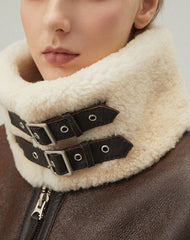 Sophia B-3 Faux Shearling Brown Bomber Leather Jacket