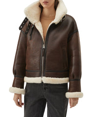 Sophia B-3 Faux Shearling Brown Bomber Leather Jacket