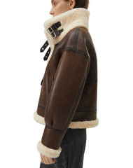 Sophia B-3 Faux Shearling Brown Bomber Leather Jacket