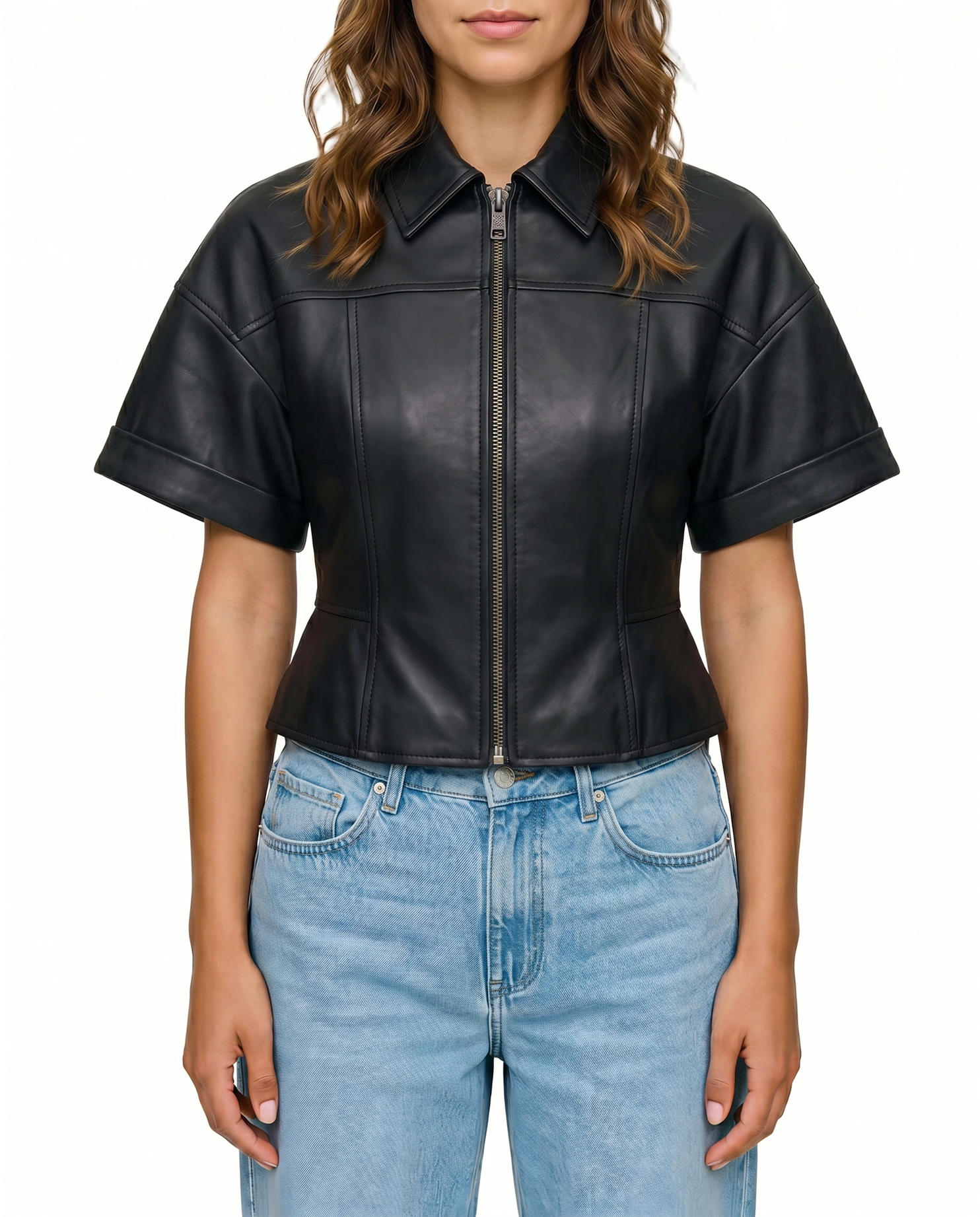 Front view of The Ayla women's black real lambskin short sleeve leather jacket by Amrika Leather featuring a tailored silhouette, shirt collar, and YKK front zipper.