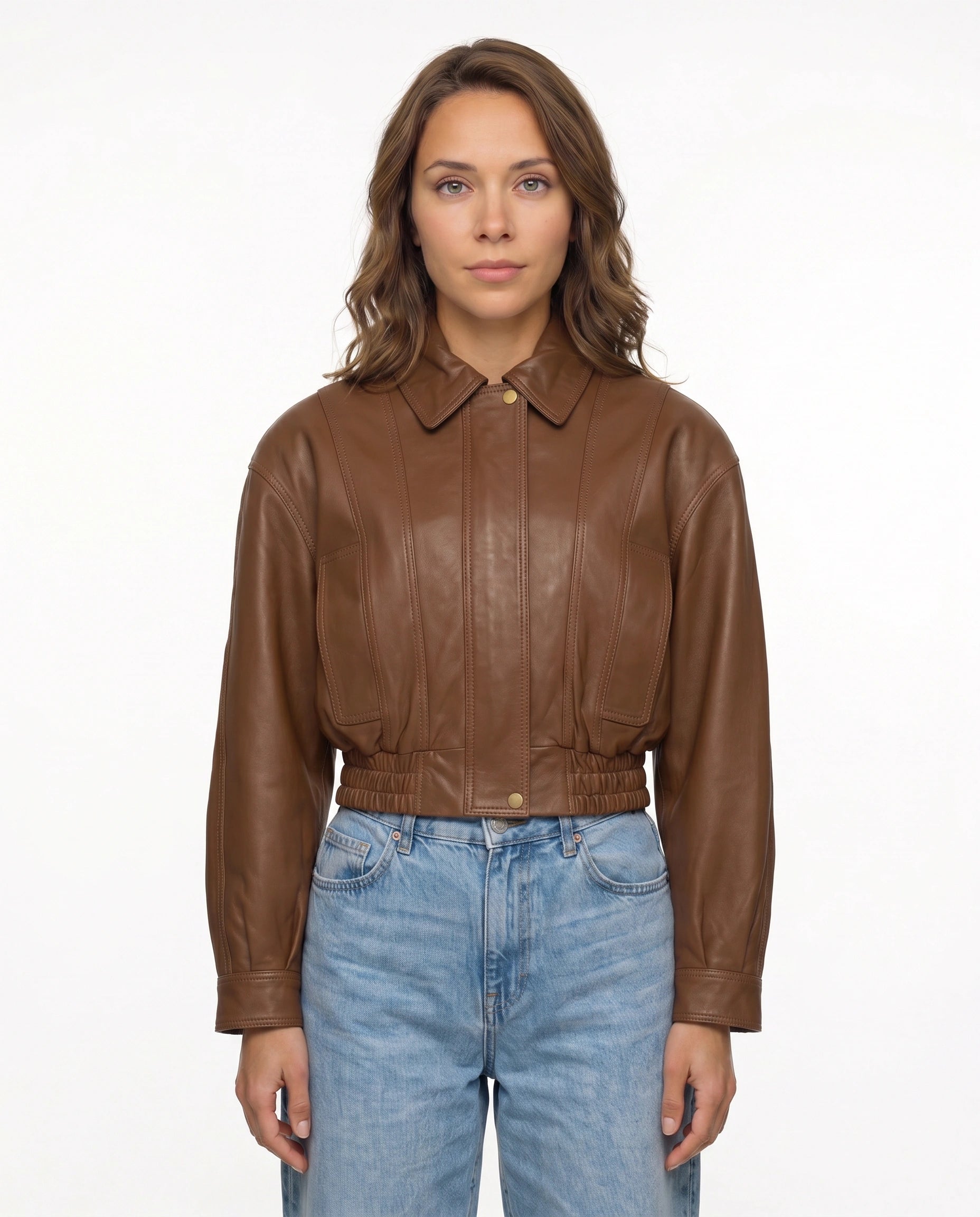 Hero image of The Elowen women's brown genuine lambskin cropped leather jacket styled for a timeless everyday look.
