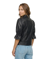 Back view of The Lumi women's black genuine lambskin leather puff sleeve jacket by Amrika Leather showcasing the clean tailored silhouette and gathered sleeves.