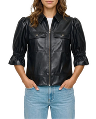 The Lumi Women's Black Real Lambskin Leather Puff Sleeve Jacket