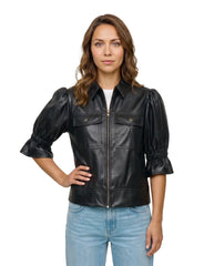 Front view of The Lumi women's black real lambskin leather puff sleeve jacket by Amrika Leather featuring a shirt collar, zip-front closure, and statement puff sleeves.