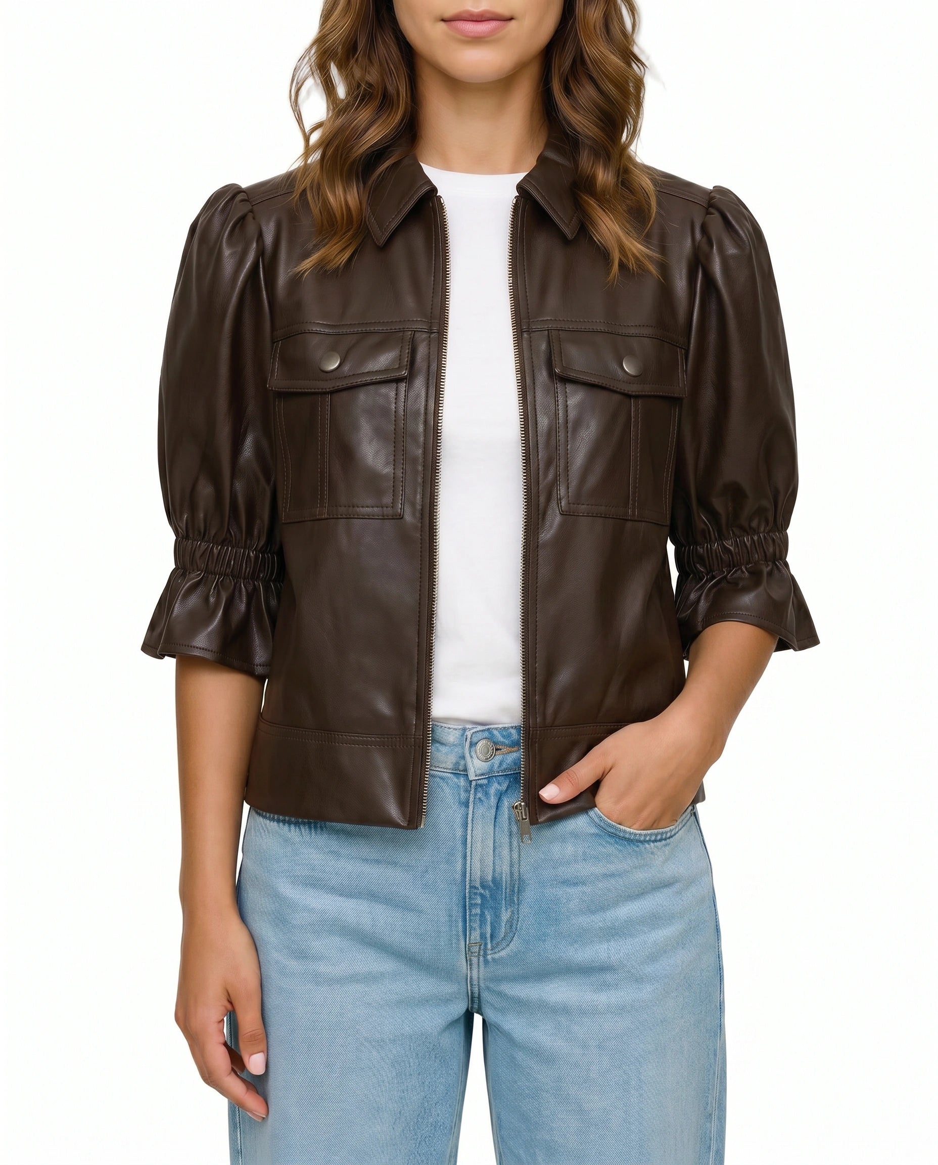 Front view of The Lumi women's brown real lambskin leather puff sleeve jacket by Amrika Leather featuring a shirt collar, zip-front closure, and statement puff sleeves