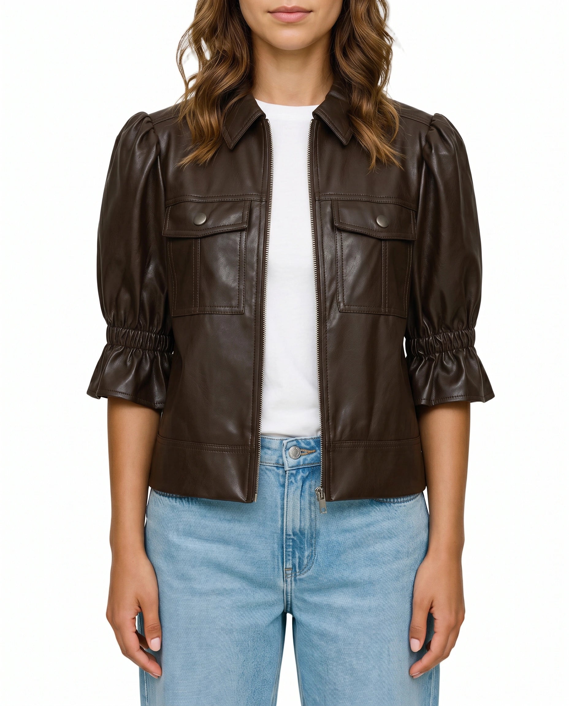 Front view of The Lumi women's brown real lambskin leather puff sleeve jacket by Amrika Leather featuring a shirt collar, zip-front closure, and statement puff sleeves.