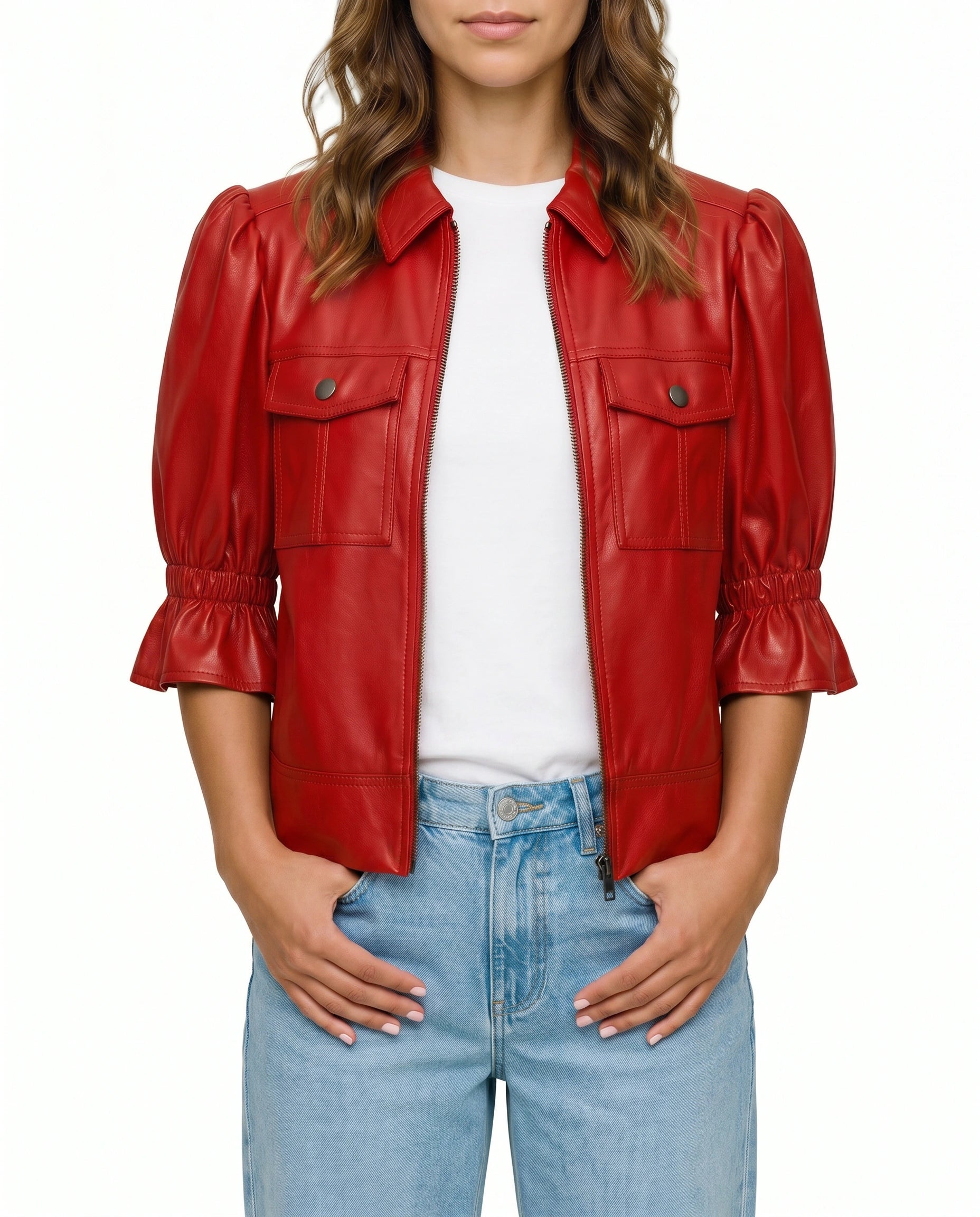 Front view of The Lumi women's red real lambskin leather puff sleeve jacket by Amrika Leather featuring a shirt collar, zip-front closure, and statement puff sleeves.