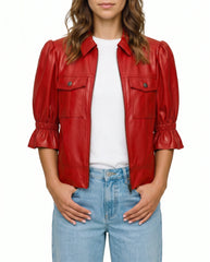 Front view of The Lumi women's red real lambskin leather puff sleeve jacket by Amrika Leather featuring a shirt collar, zip-front closure, and statement puff sleeves.