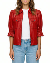 Front view of The Lumi women's red real lambskin leather puff sleeve jacket by Amrika Leather featuring a shirt collar, and statement puff sleeves.