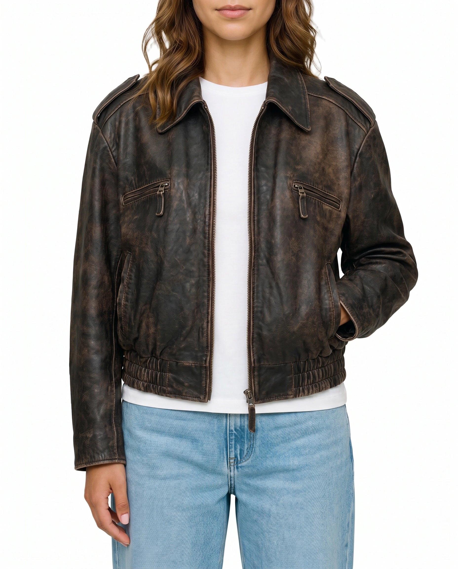 Front view of The Ronan women's distressed brown real lambskin aviator bomber leather jacket by Amrika Leather featuring a structured collar, zippered chest pockets, and YKK front zipper.