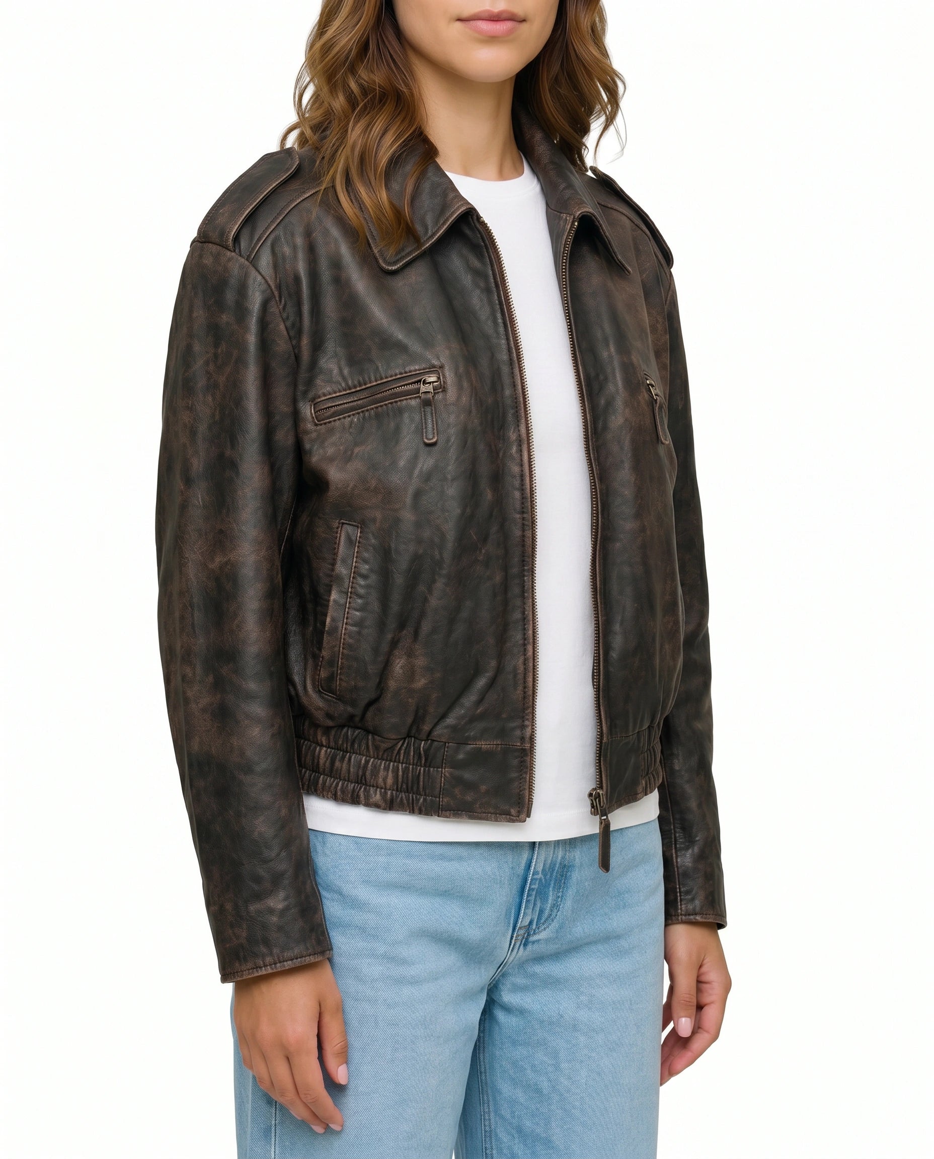 Side view of The Ronan women's distressed brown genuine lambskin aviator bomber leather jacket by Amrika Leather showcasing the bomber silhouette and vintage finish.