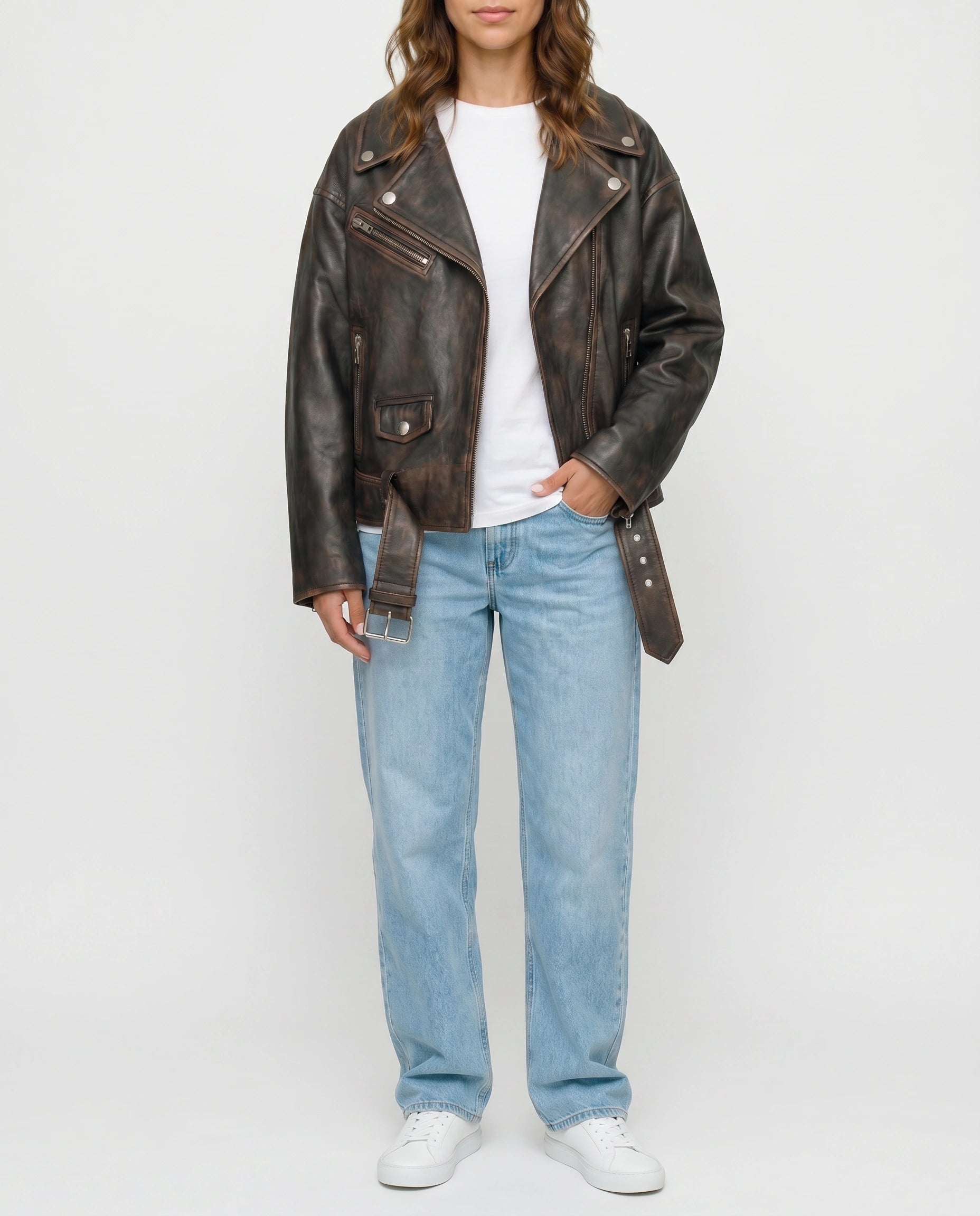 Full-length view of The Rowan women's distressed brown genuine lambskin oversized biker leather jacket by Amrika Leather showcasing the complete silhouette and styling.