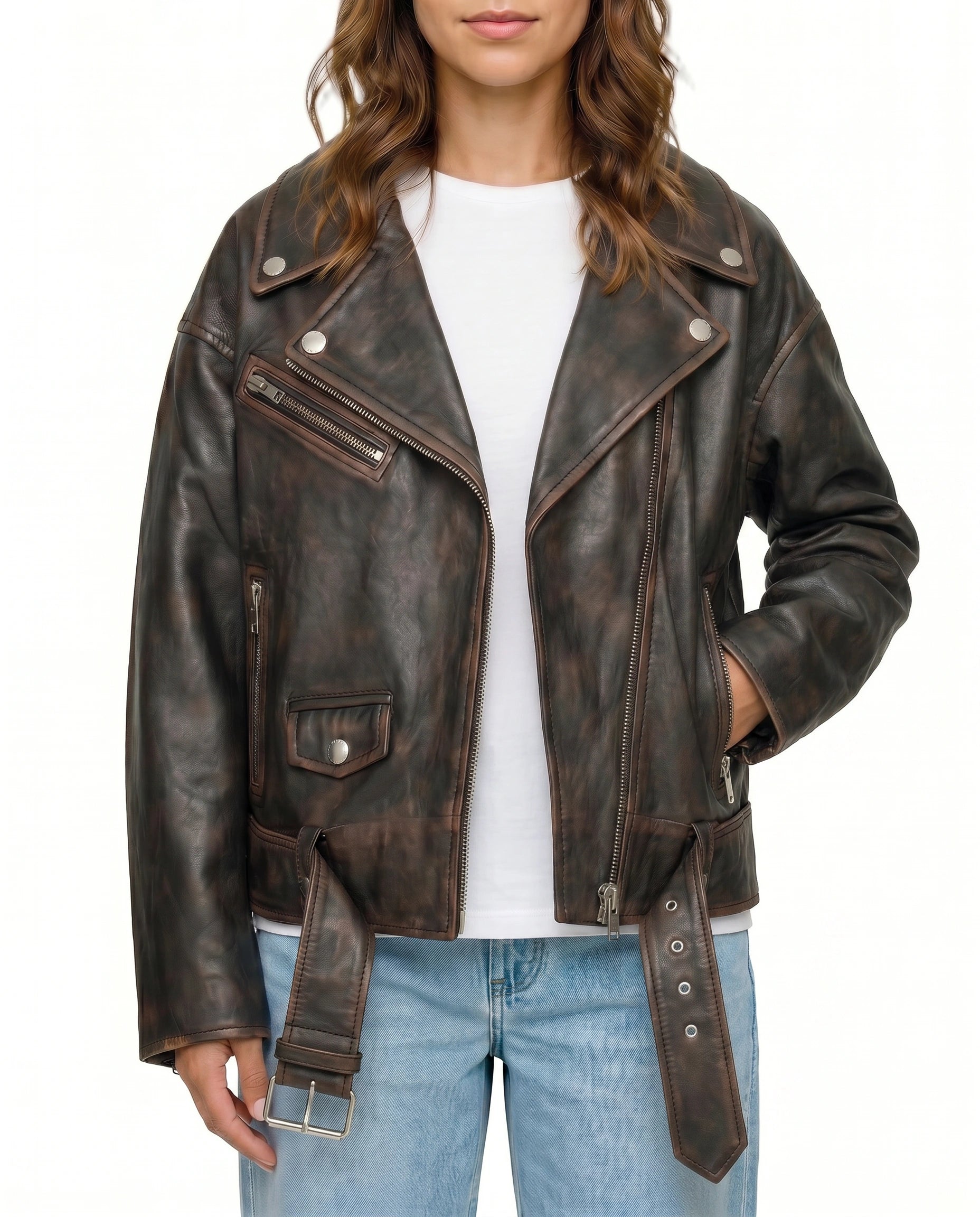Hero pose of The Rowan women's distressed brown real lambskin oversized biker leather jacket by Amrika Leather styled with a modern casual outfit.