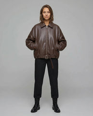 Full-length view of The Veya women's brown genuine lambskin oversized belted leather jacket by Amrika Leather showcasing the complete oversized silhouette and styling.