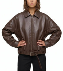 Hero pose of The Veya women's brown real lambskin oversized belted leather jacket by Amrika Leather styled with a contemporary city outfit.