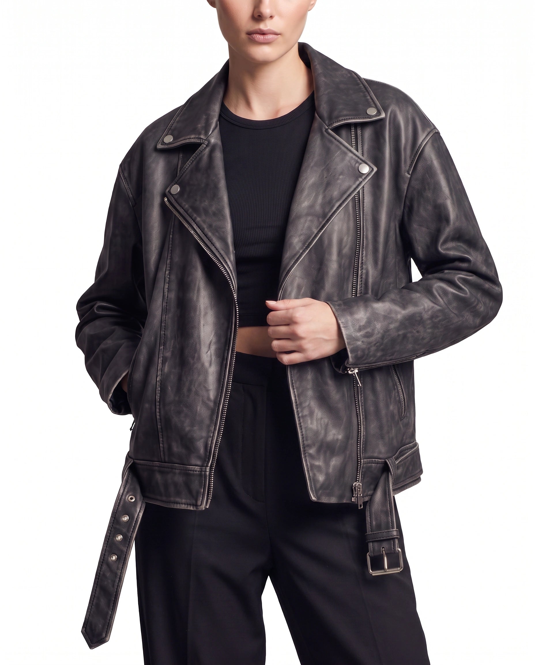Front view of The Zora women's oversized worn-off lambskin motorcycle leather jacket by Amrika Leather featuring an asymmetrical biker front and adjustable waist belts.