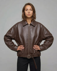 The Veya – Women's Brown Real Lambskin Oversized Belted Leather Jacket