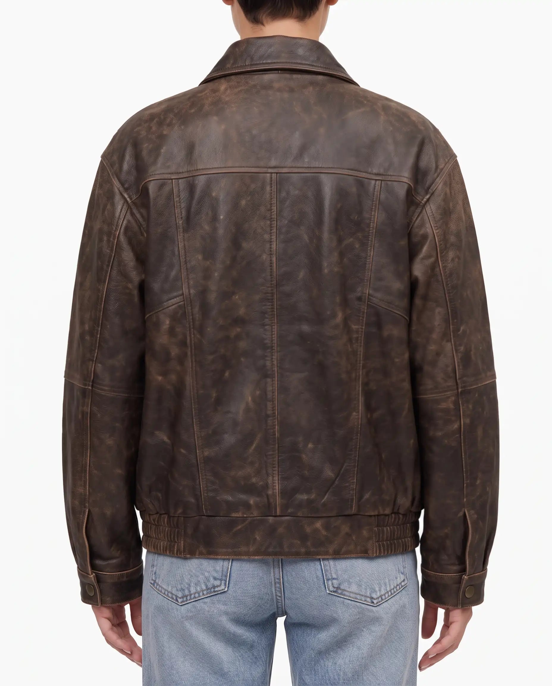 Back view of The Aspen women's oversized distressed brown genuine lambskin leather jacket.