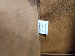 Amrika Leather brand label inside The Grand large buffalo leather tote bag.
