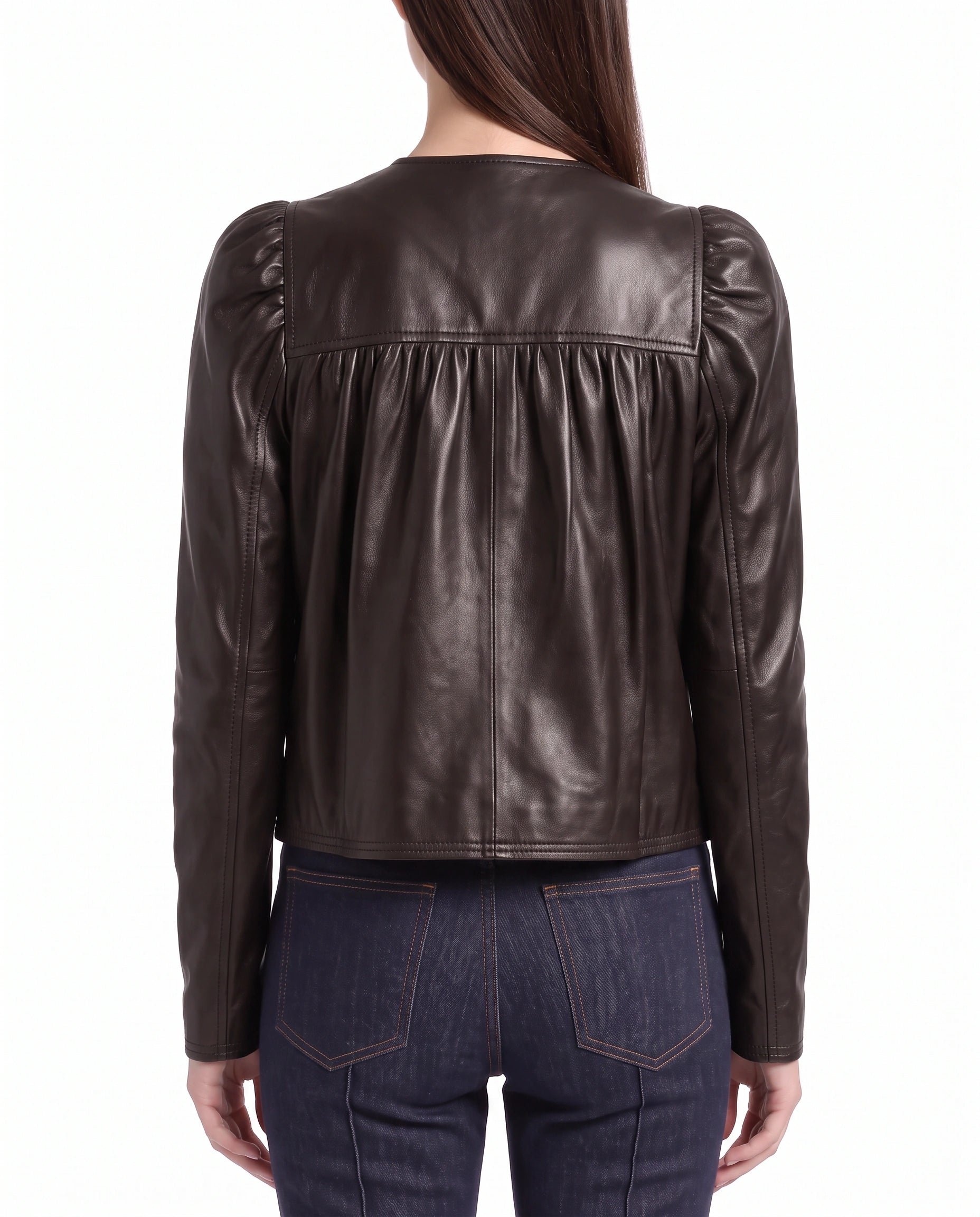 Back view of The Maeve dark brown full-grain lambskin leather jacket with a clean minimalist silhouette