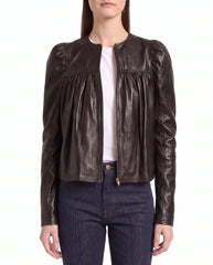 Front view of The Maeve women's dark brown gathered lambskin leather jacket crafted from premium full-grain leather
