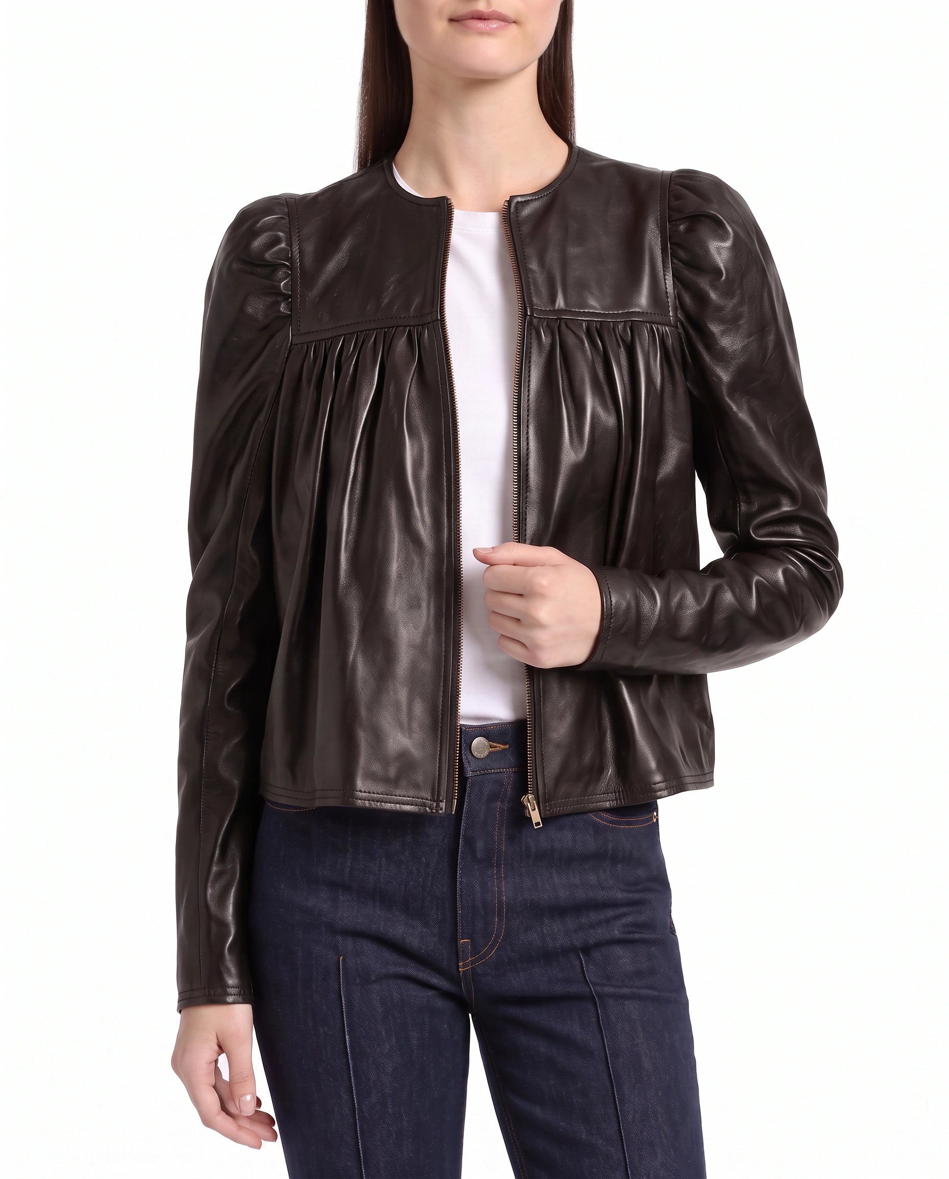Model wearing The Maeve dark brown gathered lambskin leather jacket with feminine puff shoulders