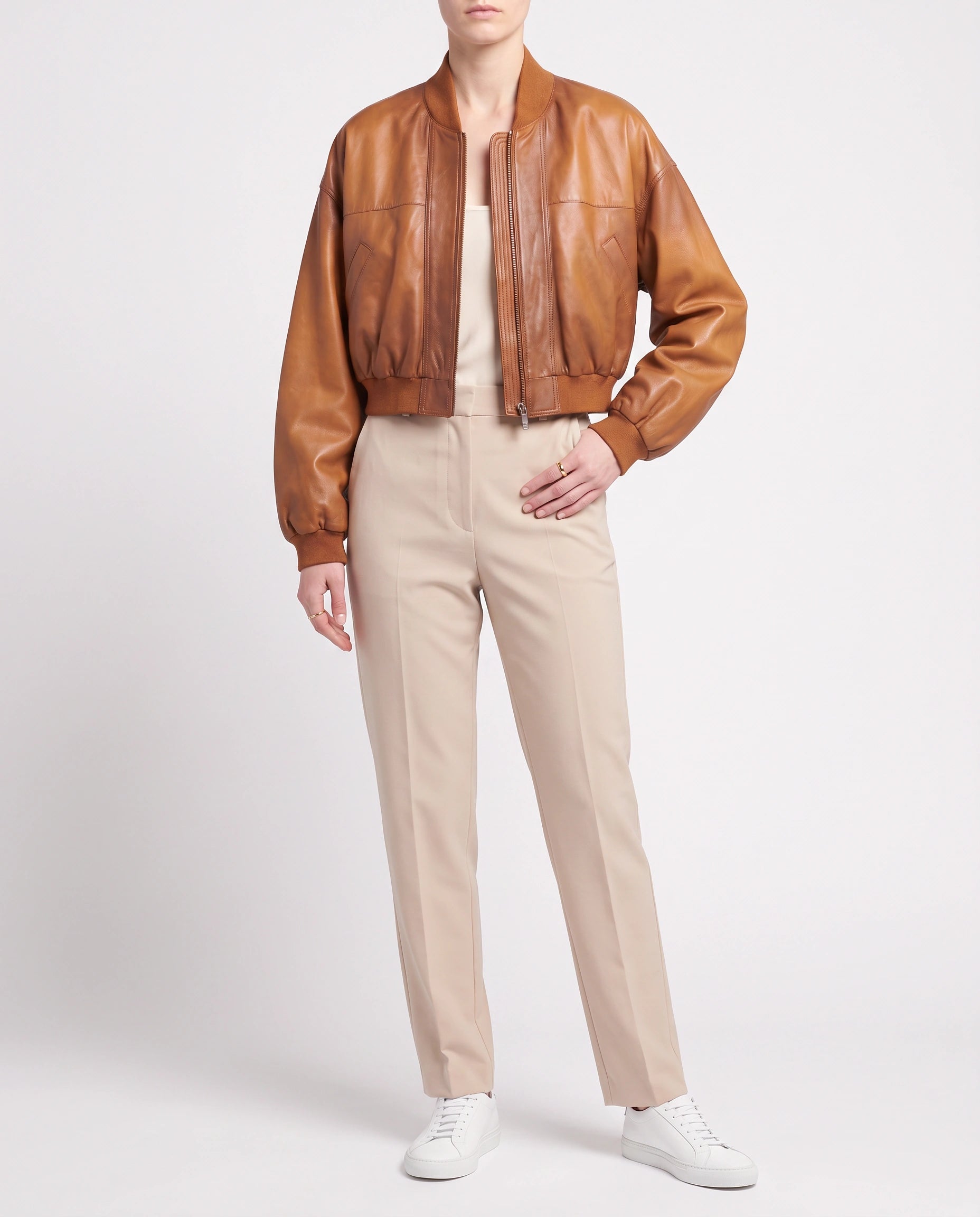 The Marlowe women's tan lambskin leather jacket full-length