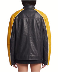 Back view of The Monaco oversized genuine lambskin racing leather jacket with oversized fit.