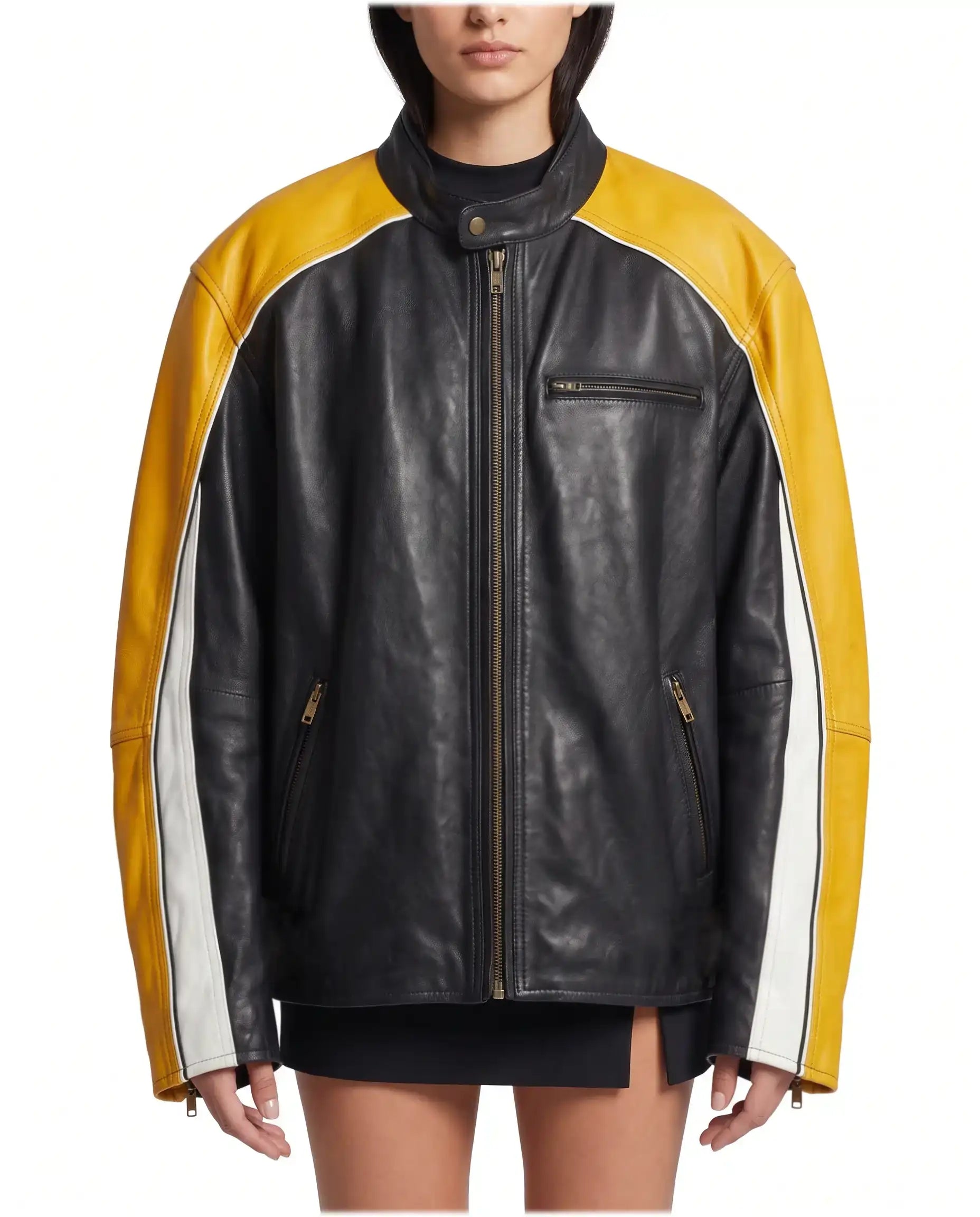 Front view of The Monaco oversized racing lambskin leather jacket in black with mustard yellow sleeves and white racing stripes.