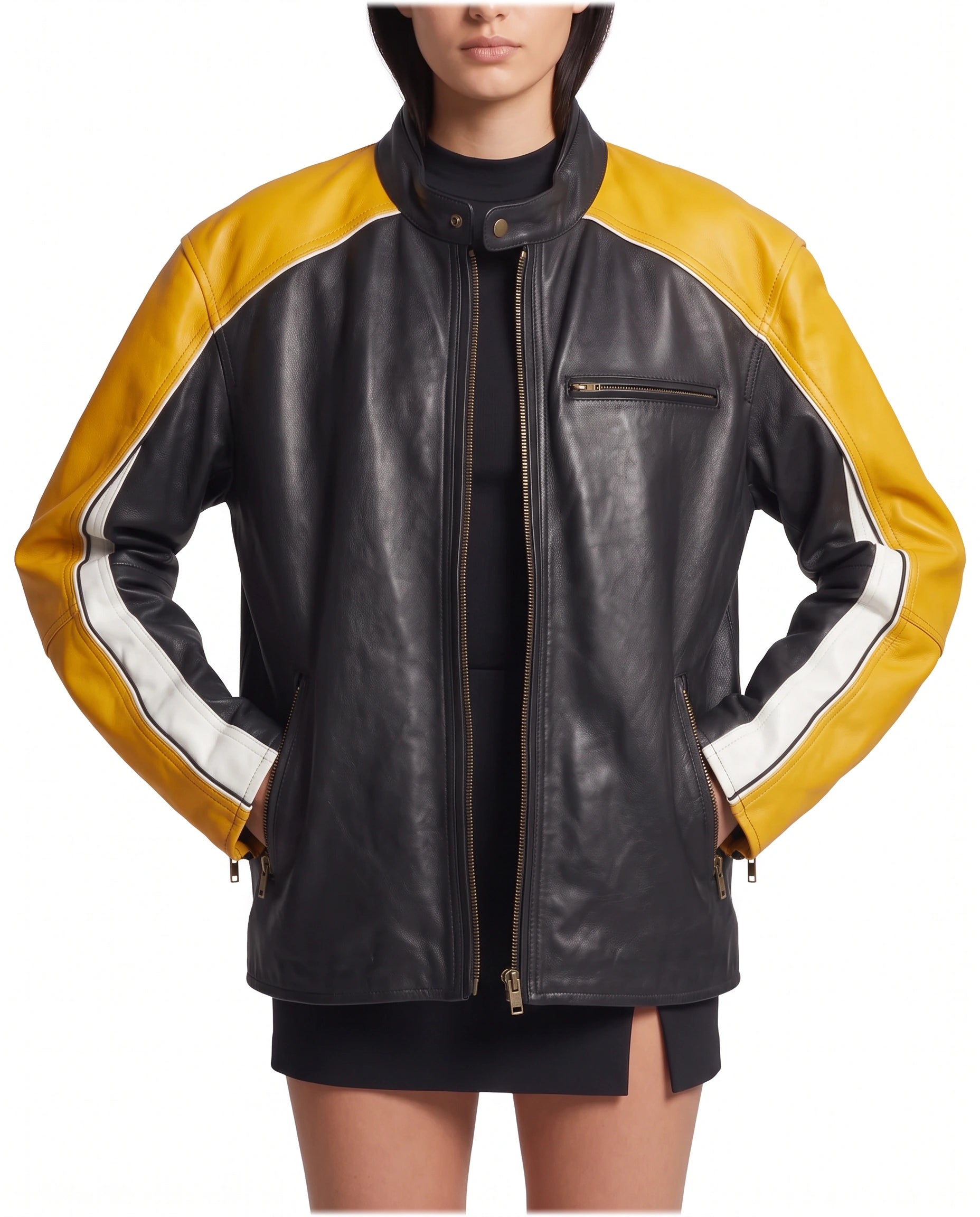 Model wearing The Monaco oversized racing lambskin leather jacket with a bold vintage motorsport style.