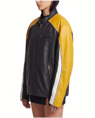 Side view of The Monaco oversized racing lambskin leather jacket featuring vintage racing-inspired color blocking.