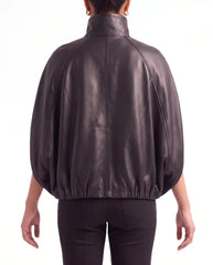 Back view of The Selene women's black leather cape jacket crafted from premium lambskin