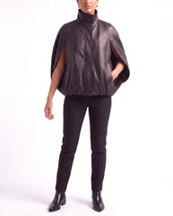 Full-length view of The Selene women's black lambskin leather cape jacket