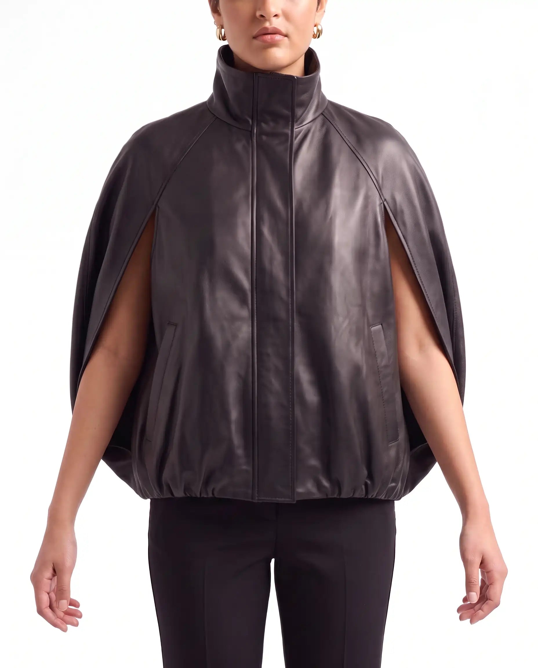 Model wearing The Selene black lambskin leather cape jacket with modern oversized fit