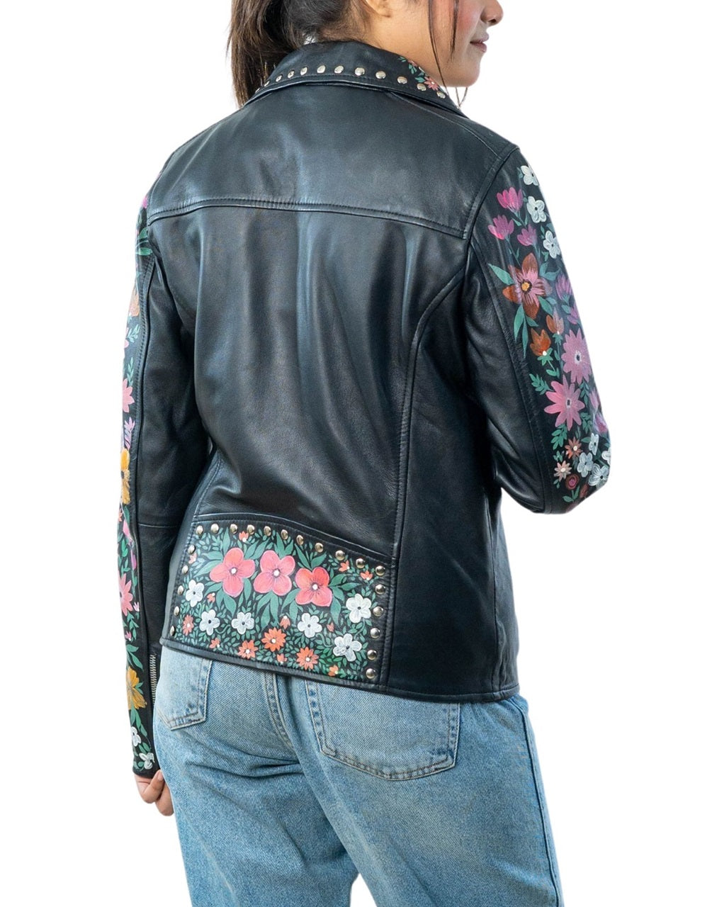 Blossom Hand-Painted Black Leather Biker Jacket back