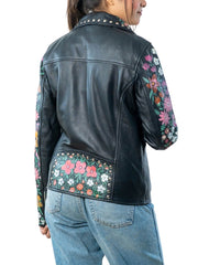 Blossom Hand-Painted Black Leather Biker Jacket back