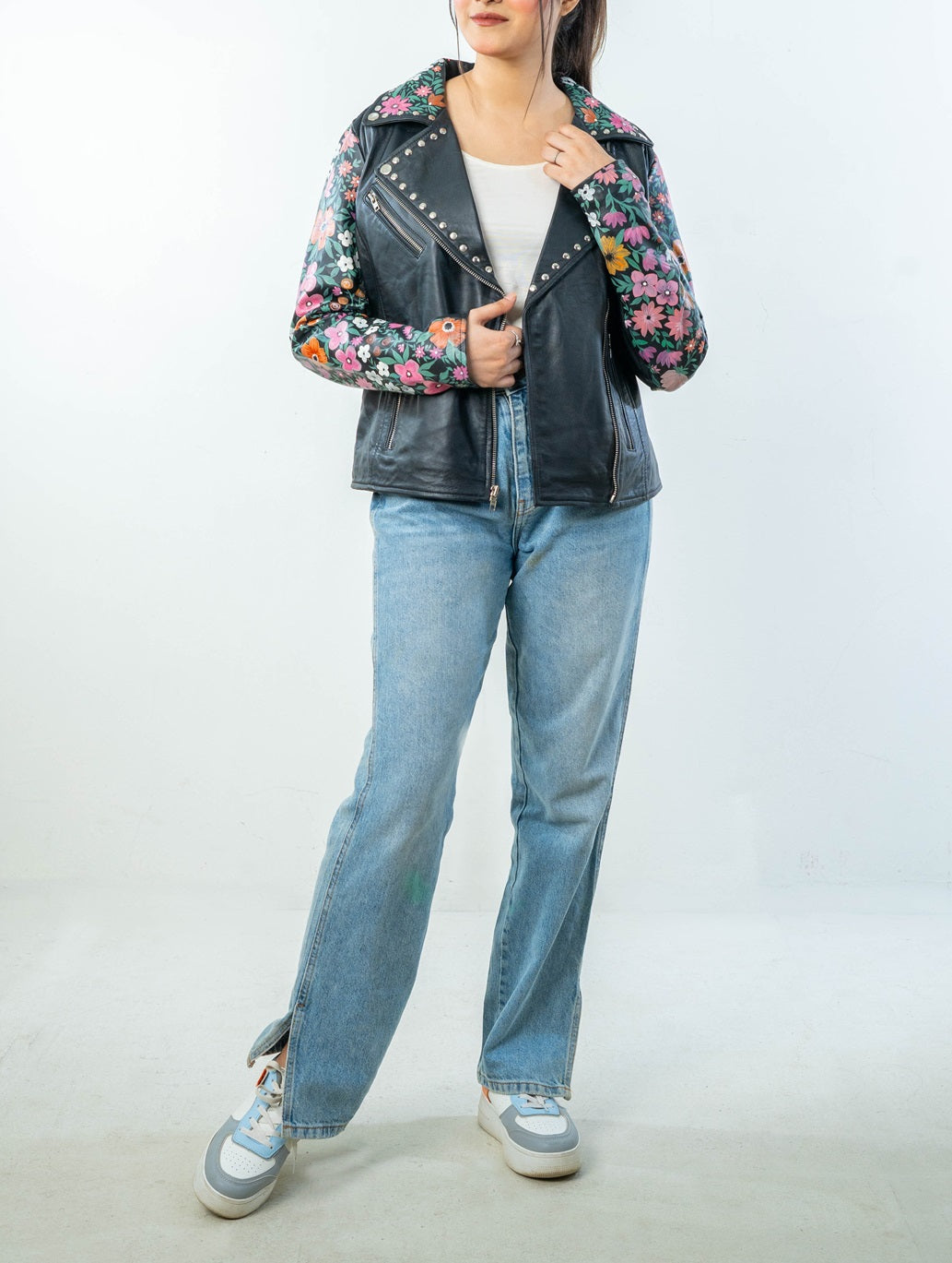 Blossom Hand-Painted Black Leather Biker Jacket Full Front