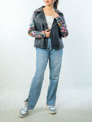 Blossom Hand-Painted Black Leather Biker Jacket Full Front