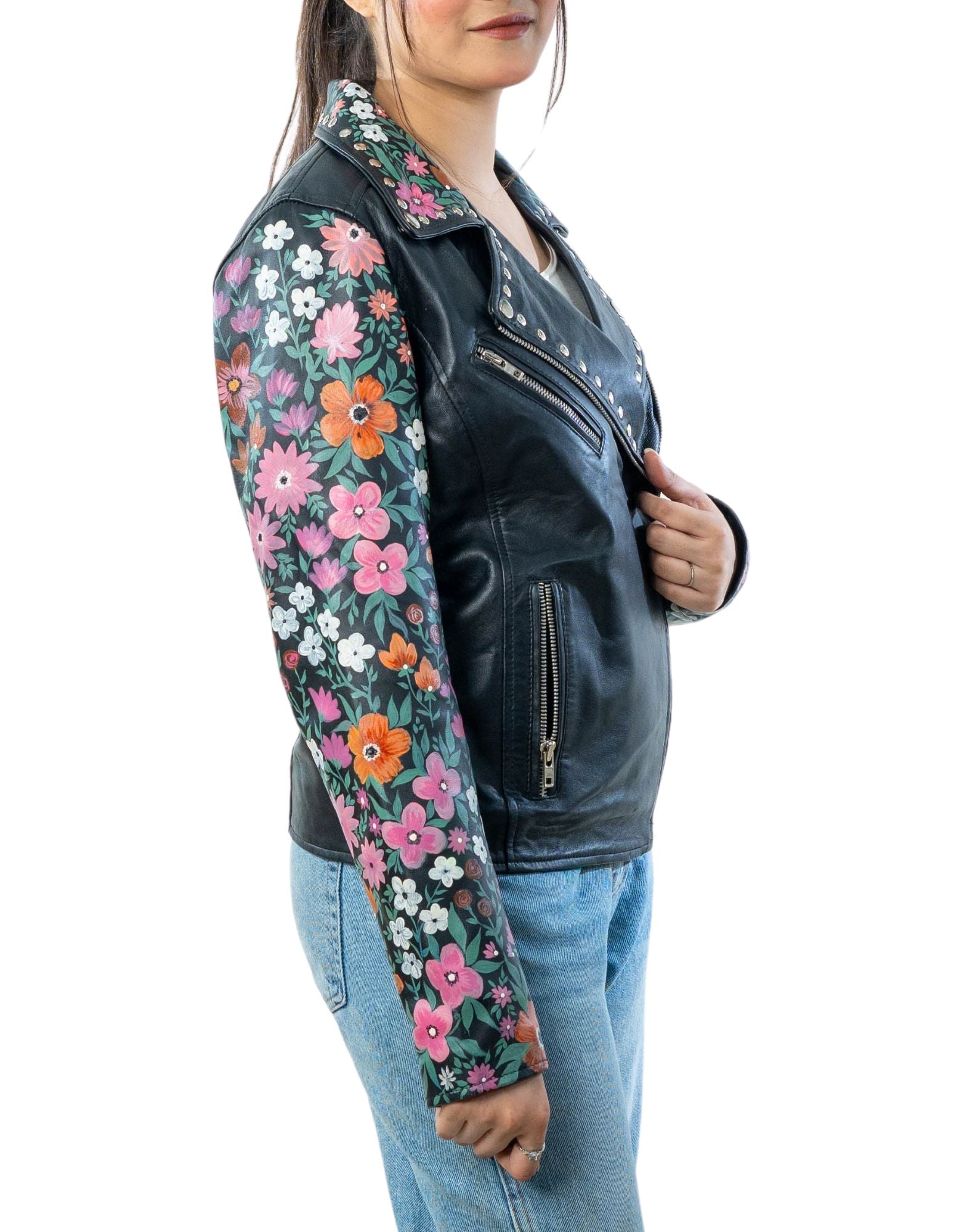 Blossom Hand-Painted Black Leather Biker Jacket Right Side