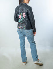 Flourish Hand-Painted Black Leather Biker Jacket Full Back