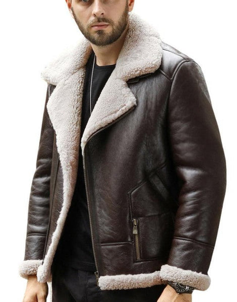 Men's Nexus Brown Leather Bomber Jacket with Faux Shearling Lining