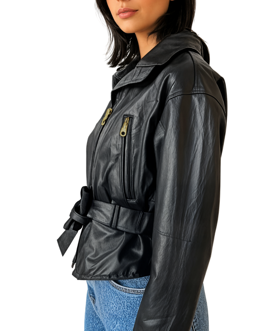 Velora Black leather jacket worn by a person on a plain background