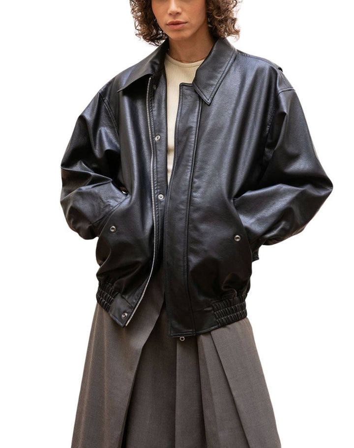 Hathne Women's PU Leather Jacket Oversized Vintage Long Sleeve Motorcycle